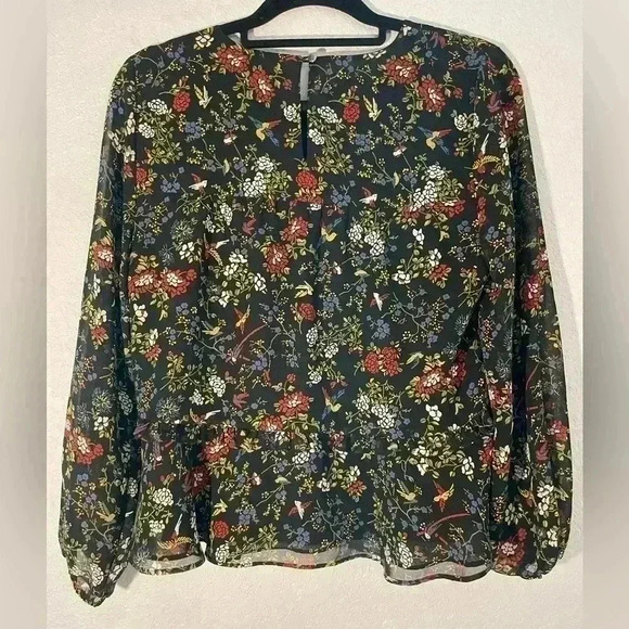 Madewell Finch Floral Ruffle Shirt Birds Black Chiffon Long Sleeve Blouse Top S - Picture 10 of 10